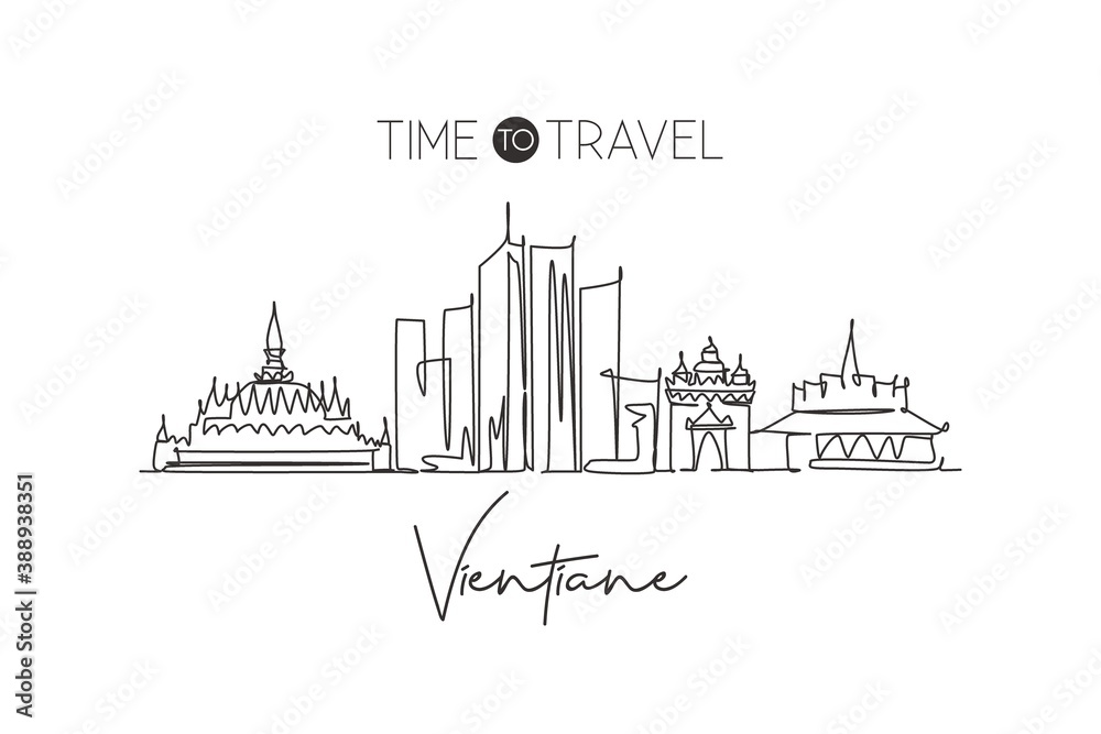 One single line drawing Vientiane city skyline, Laos. World historical town landscape postcard. Best place holiday destination. Editable stroke trendy continuous line draw design vector illustration