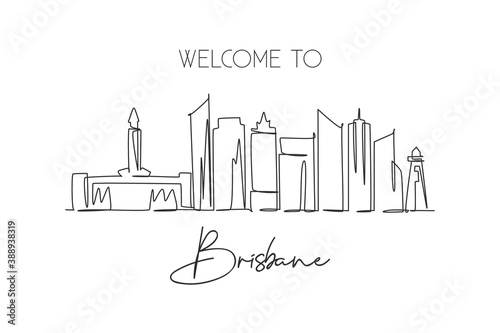 One single line drawing Brisbane city skyline, Australia. Historical town landscape. Best holiday destination home wall decor poster print art. Trendy continuous line draw design vector illustration