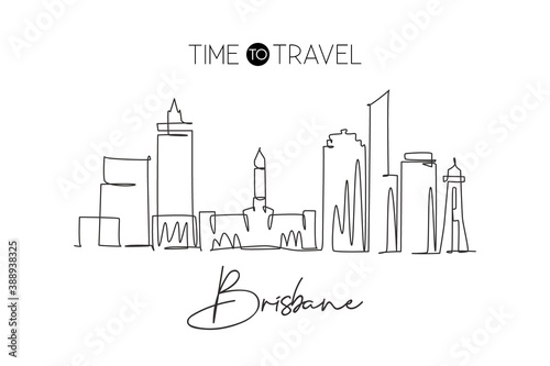 One continuous line drawing of Brisbane city skyline, Australia. Beautiful landmark. World landscape tourism travel vacation poster. Editable stylish stroke single line draw design vector illustration