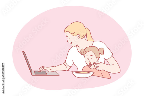 Business, quarantine, motherhood, freelance, childhood concept. Busy businesswoman freelancer mum working home on distance feeding hungry child kid daughter. Remote work multitasking and mothers day.
