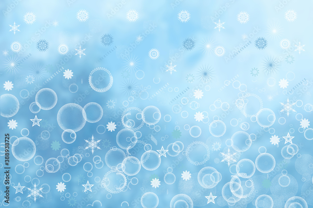 Abstract blurred festive delicate winter christmas or Happy New Year background texture with shiny light blue and bright bokeh lighted stars and snowflakes. Card concept.