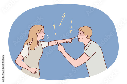 Family, quarrel, divorce, aggression, conflict concept. Angry aggressive couple man boyfriend woman girlfriend yelling and quarrelling together. Furious dispute discussion or disagreement illustration