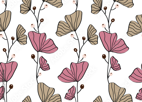Abstract Hand Drawing Ginkgo Biloba Leaves Repeating Vector Pattern Isolated Background