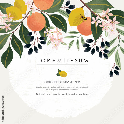 Vector illustration of a beautiful floral frame with fruits for Wedding, anniversary, birthday and party. Design for invitation card, picture frame, poster, scrapbook 