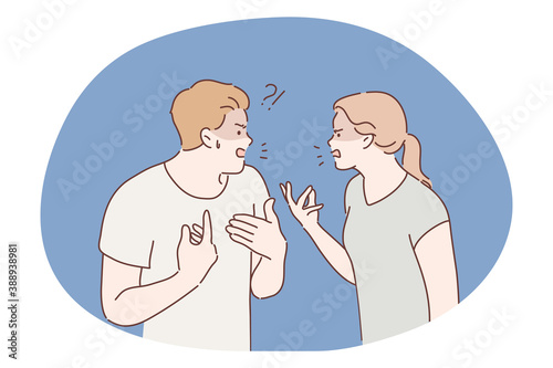 Family, quarrel, divorce, aggression, conflict concept. Angry aggressive couple man boyfriend woman girlfriend yelling and shouting together. Furious dispute discussion or disagreement illustration