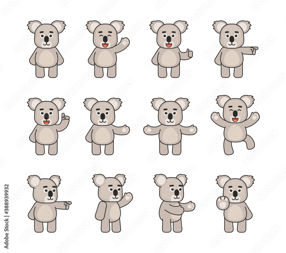 Obraz premium Set of koala bear characters showing various hand gestures. Cute koala pointing, greeting, showint stop hand and other gestures. Vector illustration bundle