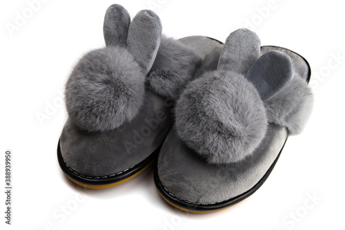 Slippers with fluffy ears, comfortable women's home shoes isolated on white