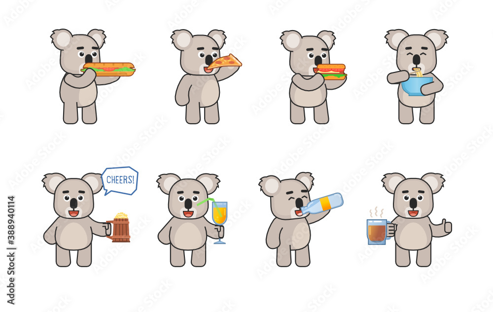 Australian koala mascot eat and drink set. Cute koala eat noodles, fast