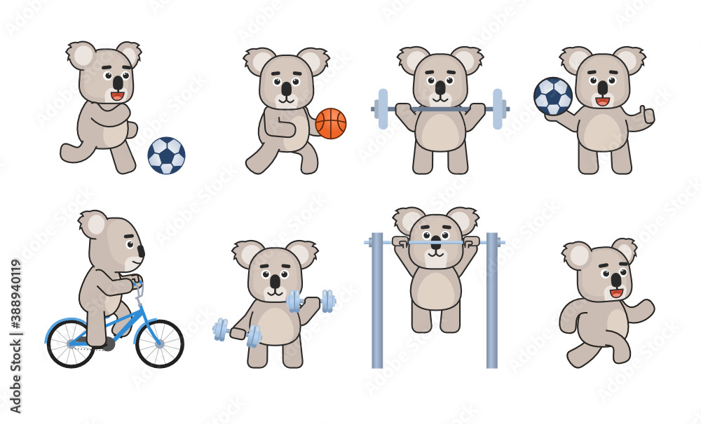 Australian koala mascot in sport, fitness set. Cute koala running, riding bike, playing football, basketball and doing various physical exercises. Vector illustration bundle Australian koala mascot in sport, fitness set. Cute koala running, riding bike, playing football, basketball and doing various physical exercises. Vector illustration bundle