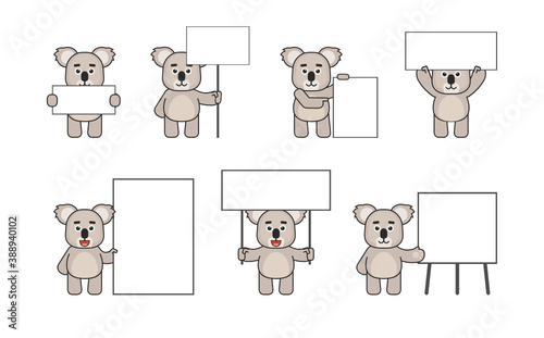 Koala mascot posing with various blank banners. Promote, advertise concept. Vector illustration bundle photo