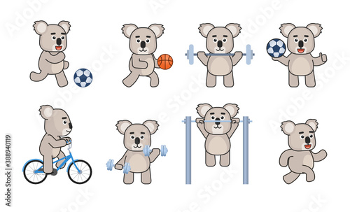 Australian koala mascot in sport, fitness set. Cute koala running, riding bike, playing football, basketball and doing various physical exercises. Vector illustration bundle
