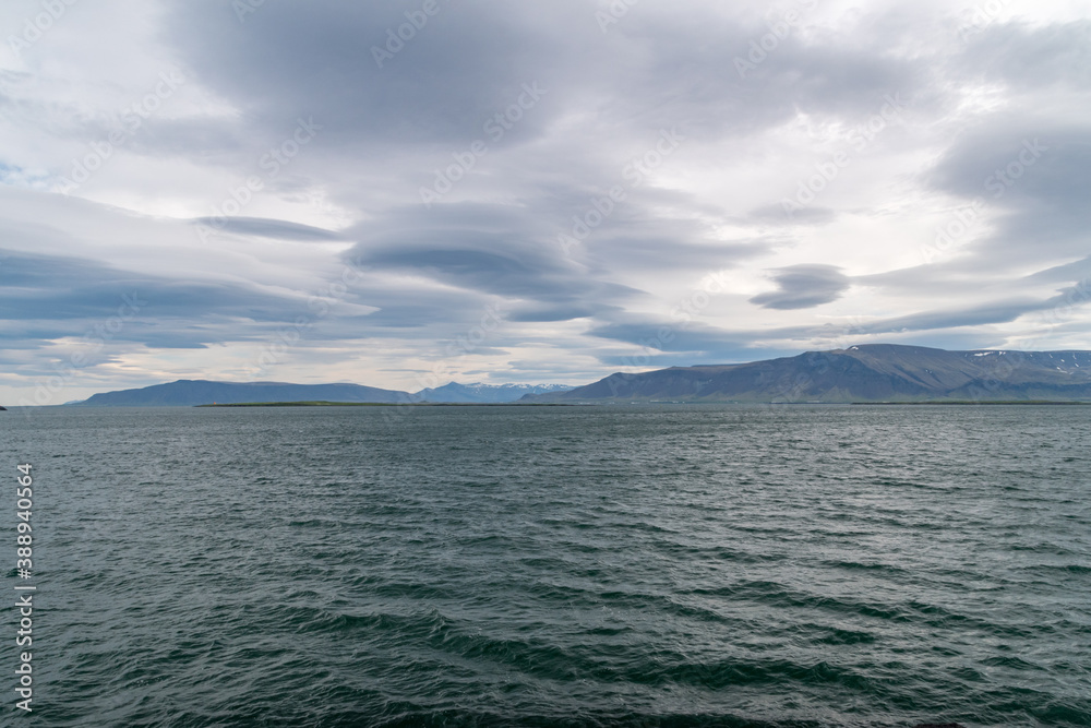 View on the sea and Iceland at cloudy morning.