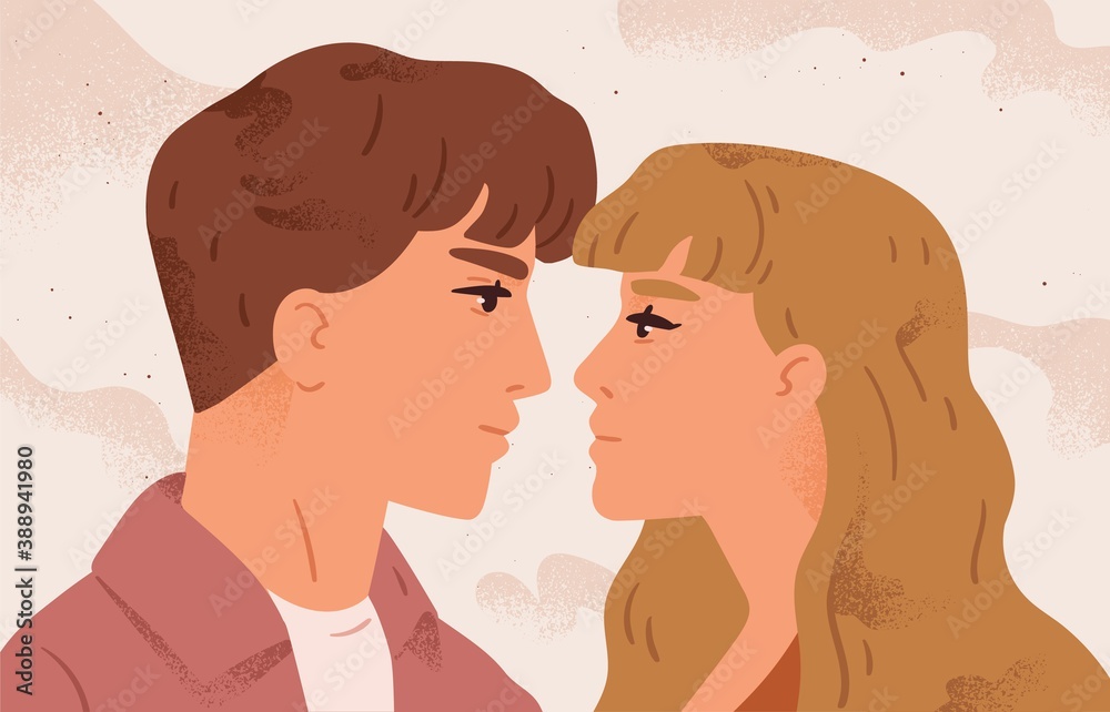 Romantic portrait of couple looking at each other. Man and woman in love  together. Scene of passion and tenderness. Flat vector cartoon illustration  of lovers first kiss Stock Vector | Adobe Stock