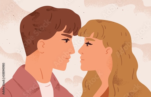 Romantic portrait of couple looking at each other. Man and woman in love together. Scene of passion and tenderness. Flat vector cartoon illustration of lovers first kiss