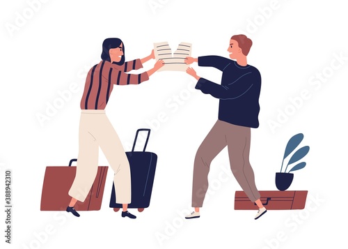Young couple tearing paper, quarrel and argue. Family divorce and property division. Man and woman fighting. Husband and wife break up. Flat vector cartoon illustration isolated on white.