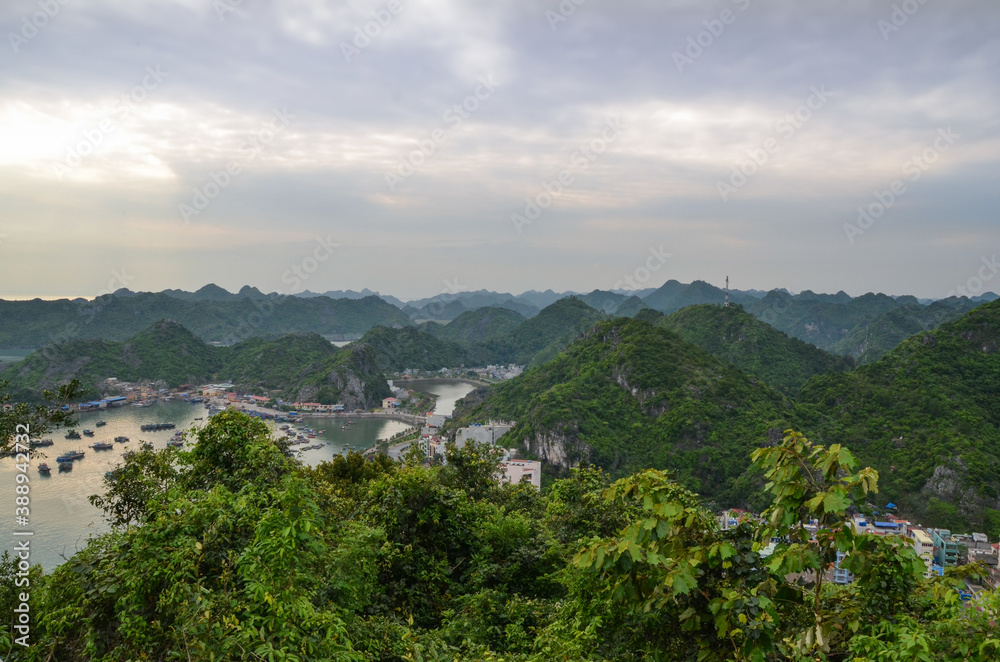 City on the coast of Halong Bay. View from the mountain.