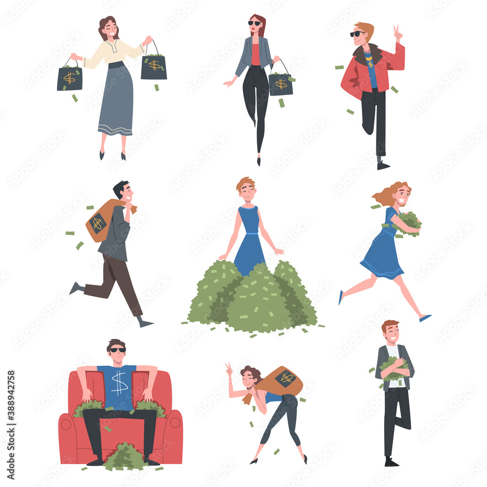 Naklejka premium Rich Business People Set, Wealthy Person, Millionaire Characters, Financial Success, Profit, Income Concept Cartoon Style Vector Illustration