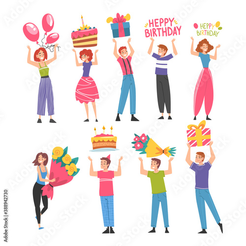 Joyful Young People with Holiday Party Symbols Set, Happy Birthday Concept Cartoon Style Vector Illustration