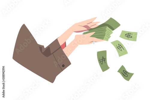 Female Hands Counting Cash Money, Financial Success, Profit, Income Concept Cartoon Style Vector Illustration