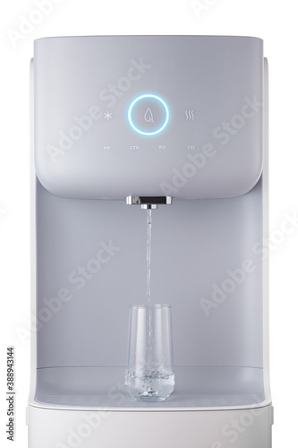 Modern technology concept. New water cooler format. A glass of pouring water. Touch panel with glowing indicator. Technological design.