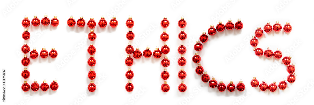 Red Christmas Ball Ornament Building English Word Ethics. Festive Christmas Decoration. White Isolated Background
