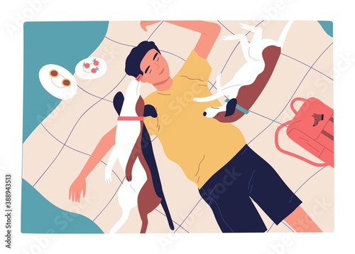 Male character spend time with dogs outdoor. Pet owner relaxing with domestic animals Love between man and dog. Scene of summer picnic with cute puppies. Flat vector cartoon illustration