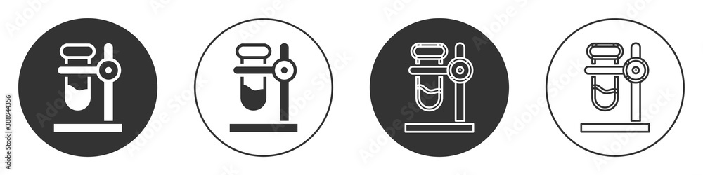 Black Glass test tube flask on stand icon isolated on white background. Laboratory equipment. Circle button. Vector. Black Glass test tube flask on stand icon isolated on white background. Laboratory equipment. Circle button. Vector.