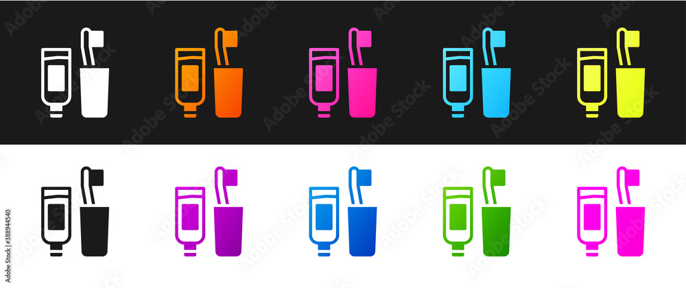 Set Toothbrush and tube of toothpaste icon isolated on black and white background. Disposable bathroom supplies. Vector.