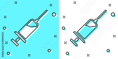 Black line Syringe with serum icon isolated on green and white background. Syringe for vaccine, vaccination, injection, flu shot. Medical equipment. Random dynamic shapes. Vector.