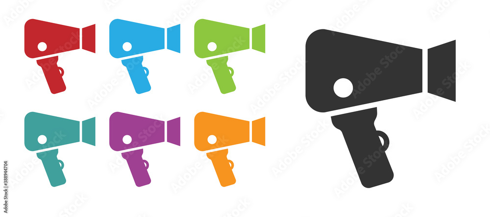 Black Hair dryer icon isolated on white background. Hairdryer sign. Hair drying symbol. Blowing hot air. Set icons colorful. Vector.