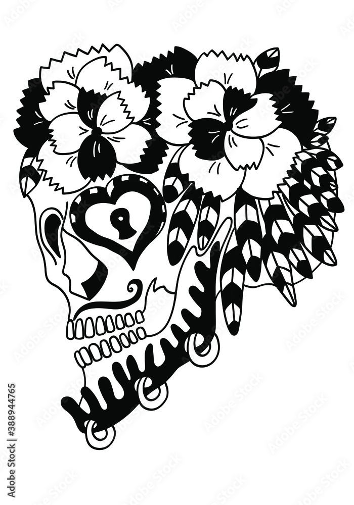 Obraz premium Mexican holiday Day of the Dead Celebration Festival and Halloween. Sugar skull for poster, card, print, emblem, sign, tattoo, t-shirt, background. Black and white vector illustration.