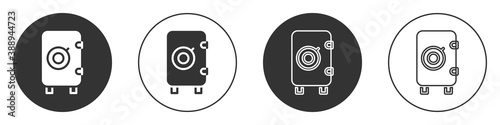 Black Safe icon isolated on white background. The door safe a bank vault with a combination lock. Reliable Data Protection. Circle button. Vector.