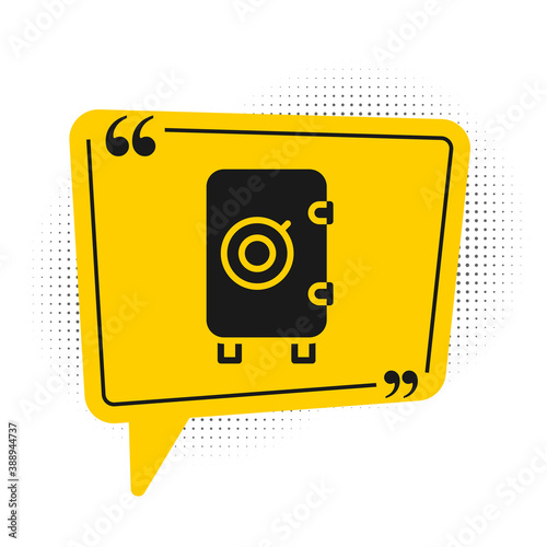 Black Safe icon isolated on white background. The door safe a bank vault with a combination lock. Reliable Data Protection. Yellow speech bubble symbol. Vector.