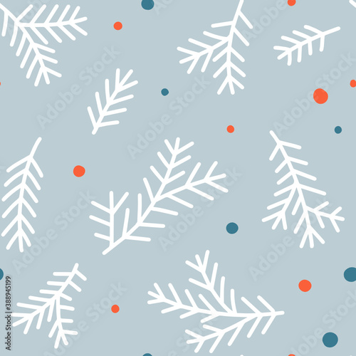 Fir branches with colored dots seamless pattern. Illustration of green shades. White background. Perfect for Christmas cards, invitations, decorations, textiles and more.