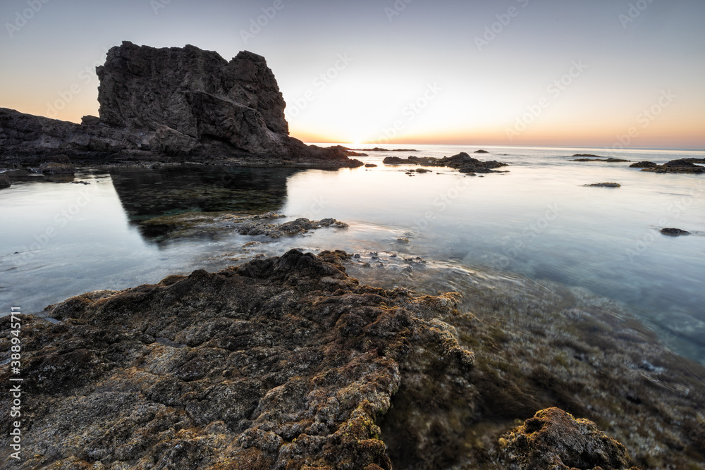 Sunrise on the coast of Escullos. Natural Park of Cabo de Gata. Almeria. Spain.