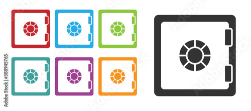 Black Safe icon isolated on white background. The door safe a bank vault with a combination lock. Reliable Data Protection. Set icons colorful. Vector.