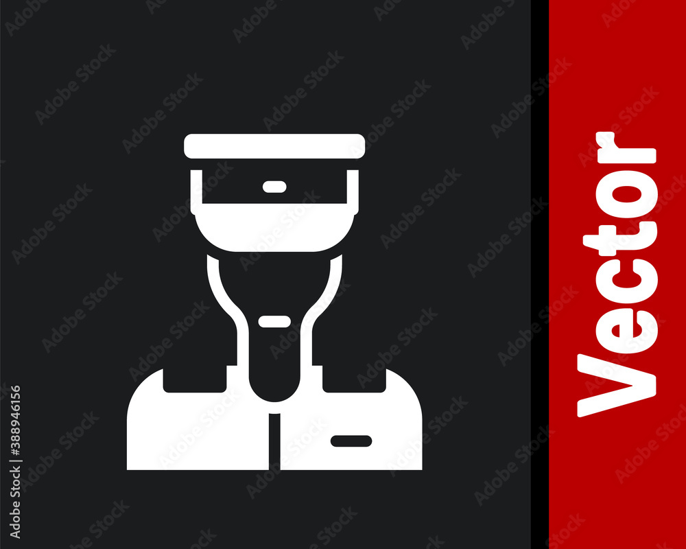 White Train conductor icon isolated on black background. Vector. White Train conductor icon isolated on black background. Vector.