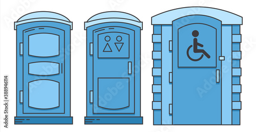 Mobile portable bio toilet. Toilet for disabled people. Set of icon. Front view. Blue plastic closet WC. Vector iIllustration isolated on white background.
