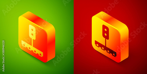 Isometric Train traffic light icon isolated on green and red background. Traffic lights for the railway to regulate the movement of trains. Square button. Vector.