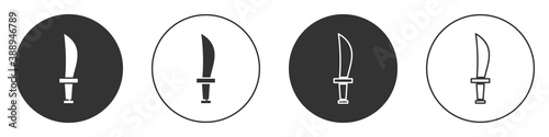 Black Pirate sword icon isolated on white background. Sabre sign. Circle button. Vector.