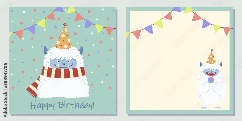 Fototapeta premium Birthday card design featuring cute yeti character. Card front and coordinated inside design. Hand drawn style flat illustration.