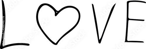 Cute inscription "Love" with a heart instead of the letter "O".  Vector doodle illustration for Valentine's Day greetings and wedding designs.