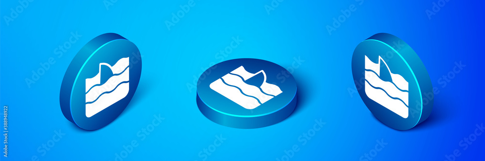 Isometric Shark fin in ocean wave icon isolated on blue background. Blue circle button. Vector. Isometric Shark fin in ocean wave icon isolated on blue background. Blue circle button. Vector.
