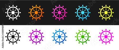 Set Ship steering wheel icon isolated on black and white background. Vector.