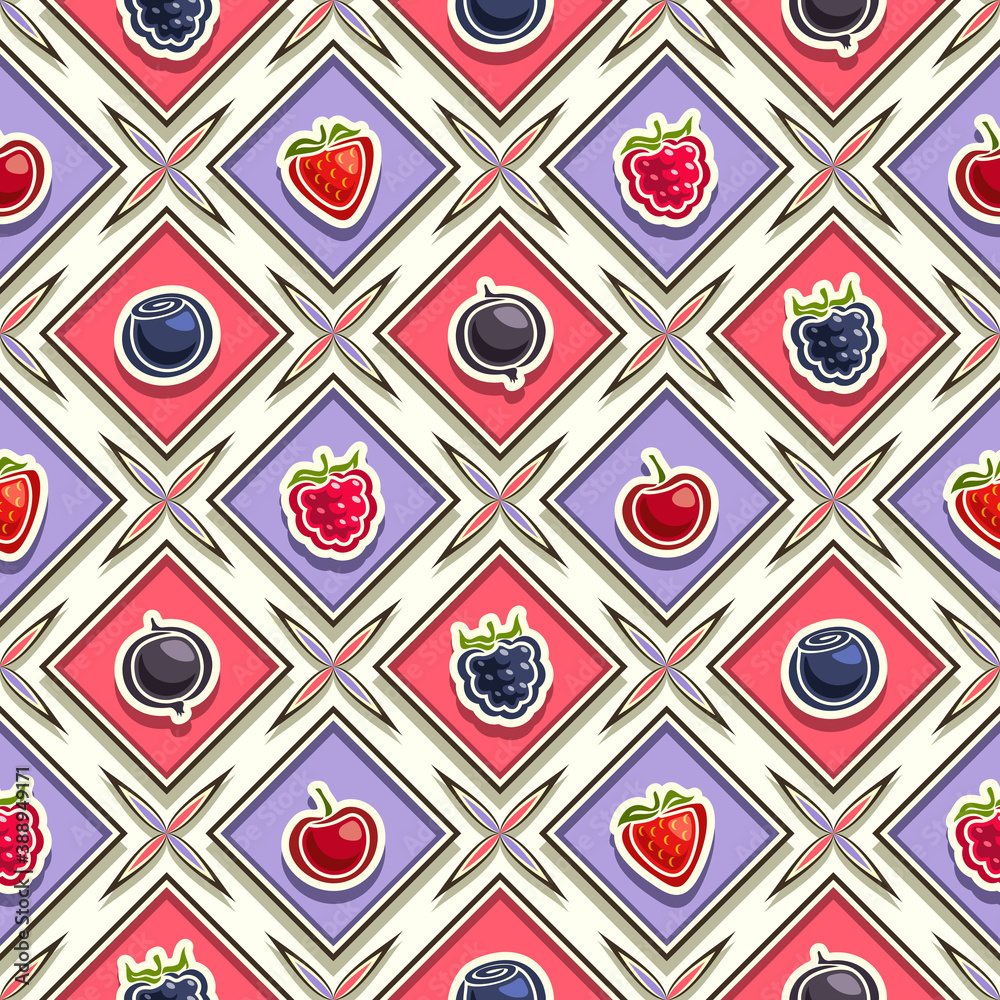 Vector Berry Seamless Pattern, square repeating berry background, isolated illustrations of exotic berries on white background, diamond seamless pattern with flat lay fresh organic produces in cells.