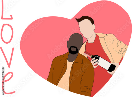Happy Valentine's Day greeting card Cute gay couple, homosexual male couple in love romantic characters with bottle of wine. Flat line design. Vector illustration.