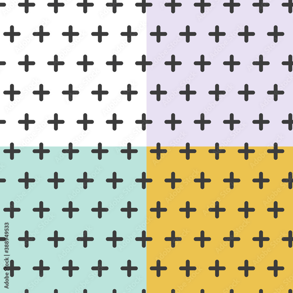 Seamless minimal pattern with black crosses. Different color backgrounds: white, violet, turquoise, mustard. Halloween inspiration. Vector illustration, flat design Seamless minimal pattern with black crosses. Different color backgrounds: white, violet, turquoise, mustard. Halloween inspiration. Vector illustration, flat design
