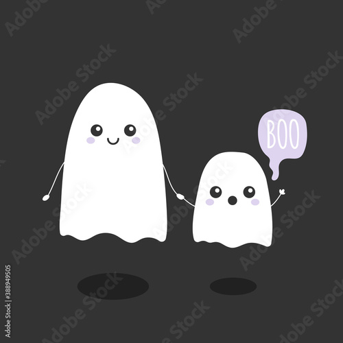 Ghosts holding hands. Little ghost say "Boo". Cute characters. Happy Halloween. Vector illustration, flat design