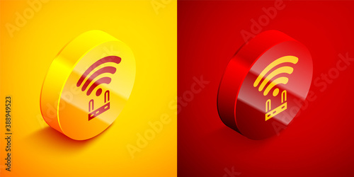 Isometric Router and wi-fi signal icon isolated on orange and red background. Wireless ethernet modem router. Computer technology internet. Circle button. Vector.