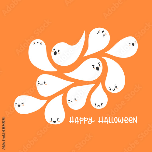 Little ghosts swarming drop-shaped. Cute characters. Happy Halloween lettering. Vector illustration, flat design